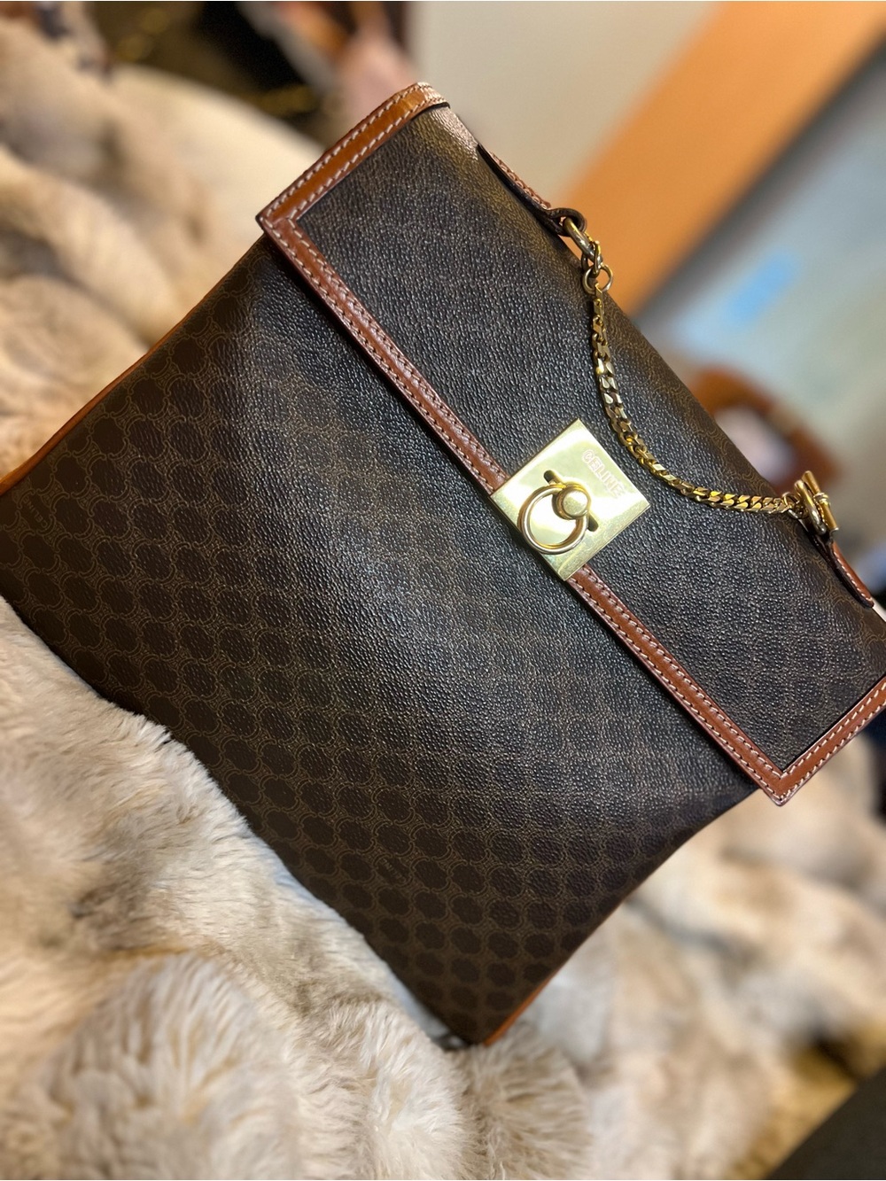 Vintage Celine Macadam canvas & leather bag w gold-plated hardware (MSRP $3,000)